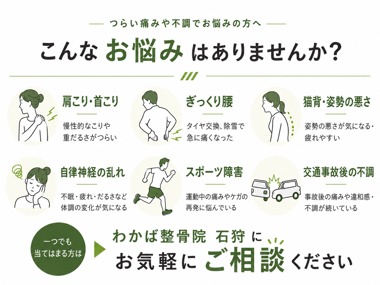 肩こり・首こり・腰痛・自律神経の乱れ・猫背・姿勢・スポーツ障害、交通事故後の不調のお悩み例